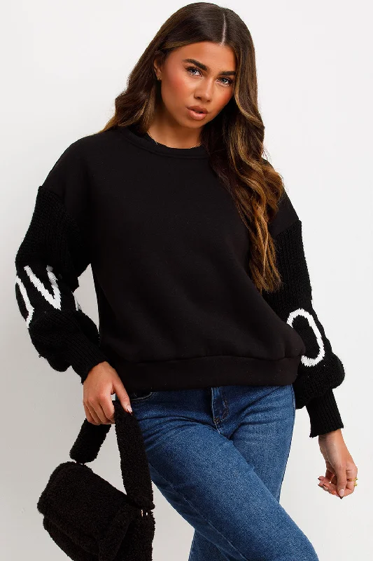 Jumper With Knitted Sleeves Love Slogan Black Hooded Caped Shawl Collar