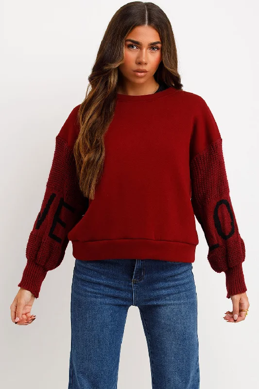 Jumper With Knitted Sleeves Love Slogan Burgundy Houndstooth Herringbone Solid