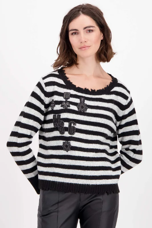 Monari 807041 Black Striped Round Neck Jumper Seamless Knitted Crochet