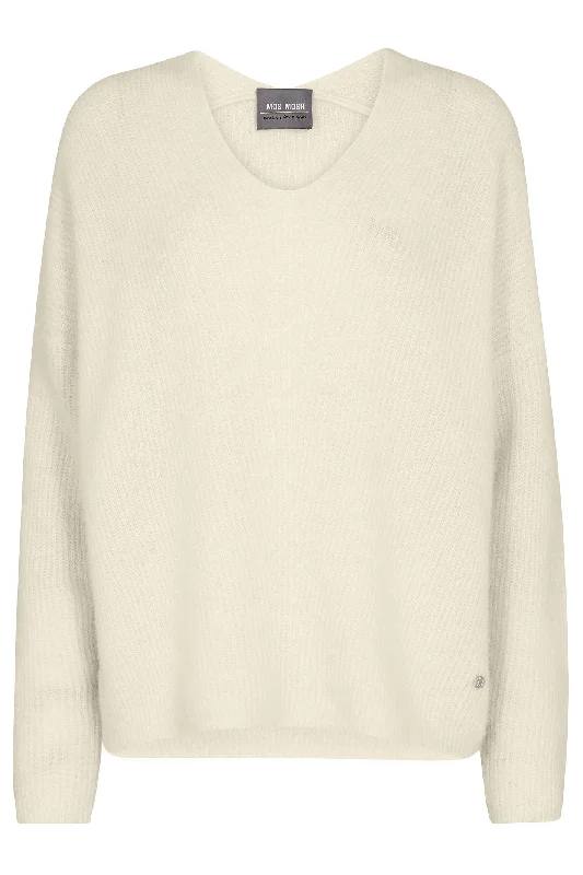 Mos Mosh 153900 MMThora Cream Ecru V-Neck Relaxed Fit Jumper Real Fur Shearling Chenille