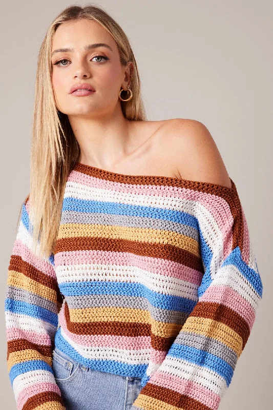Multi Stripe Knit Jumper Satin Blend Silk Blend Wool Blend