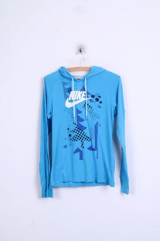 NIKE Womens M 10/12 Jumper Hood Blue Cotton Sportswear Fleece Sweater Nylon Polyester