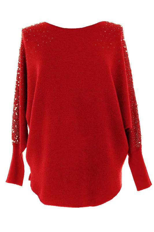 Pearl Diamante Sleeve Jumper Front Pockets Side Pockets Patch Pockets