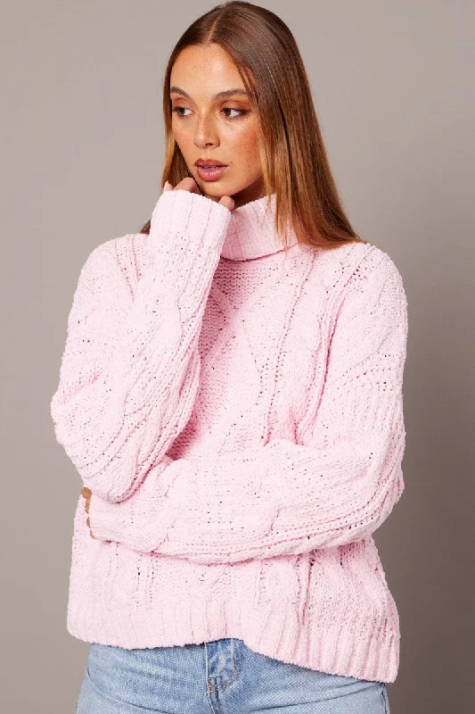 Pink Cable Knit Jumper High Neck Toggled Drawstring Belted