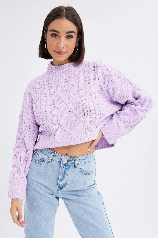 Purple Cable Knit Jumper Long Sleeve Knit Fabric Woven Fabric Fleece Fabric