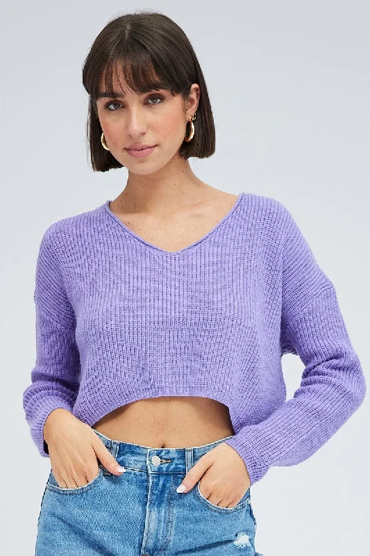 Purple Knit Jumper Long Sleeve V Neck Fleece Fabric Down Fabric Feather Fabric