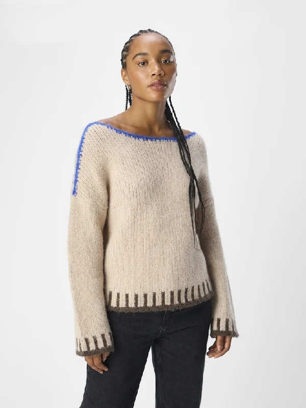 Tallira Oversized Knit Jumper White Sand Boat Neck Shawl Collar Notched Collar