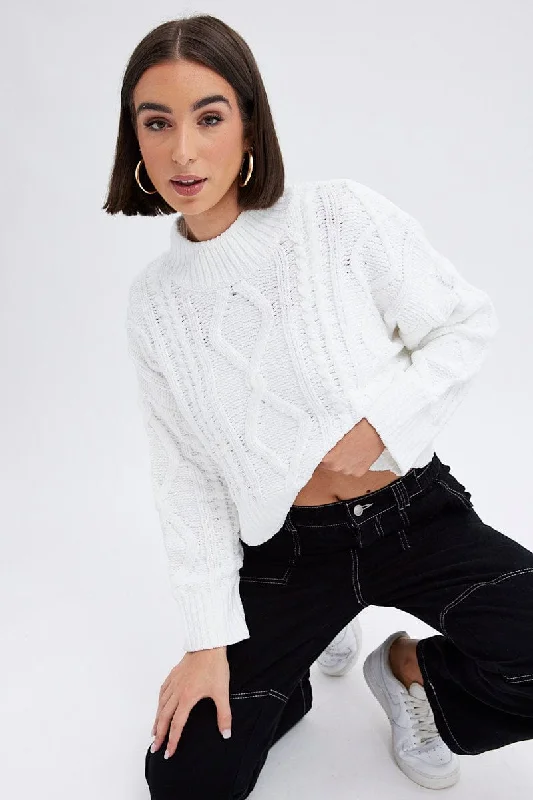 White Cable Knit Jumper Long Sleeve Hooded Caped Shawl Collar
