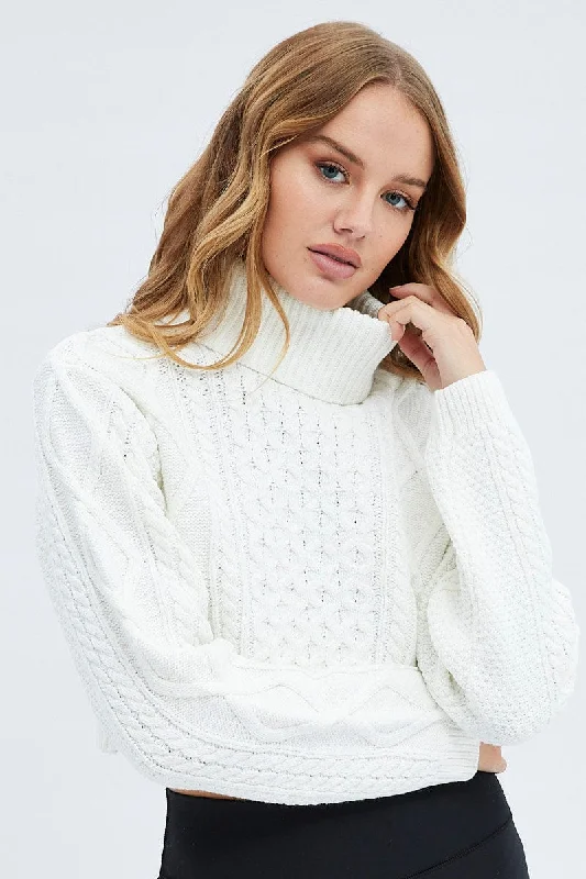 White Cable Knit Jumper Turtle Neck Lace Blend Ribbed Blend Corduroy Blend