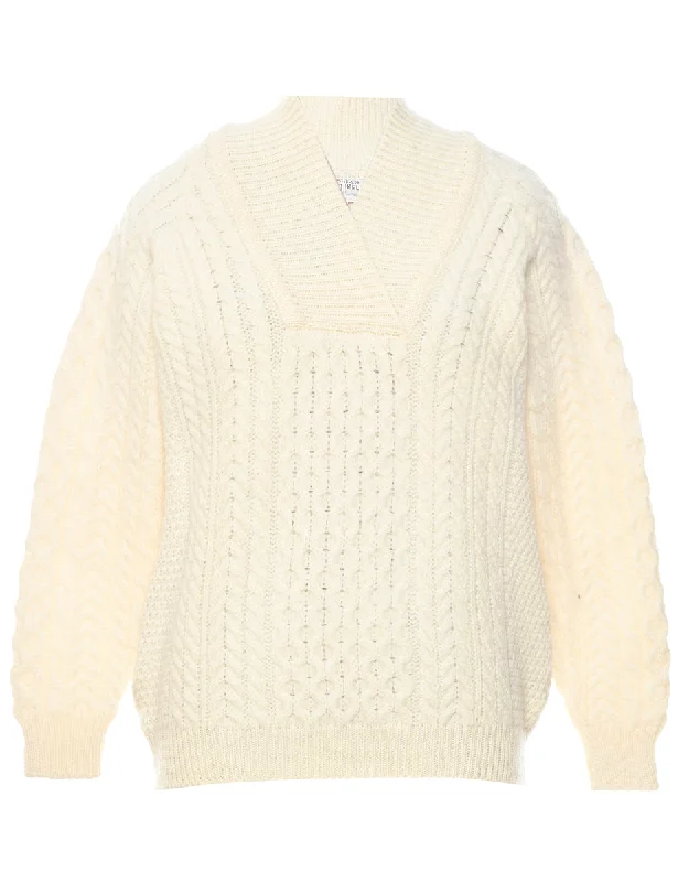 Wool Cable Knit Jumper - L Graphic Sweater Embroidered Appliqued