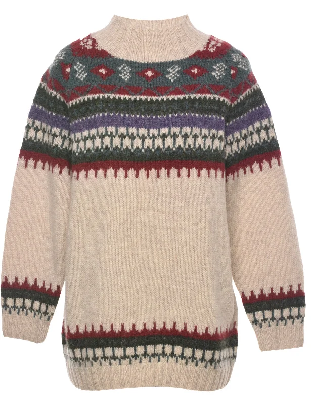 Wool Nordic Jumper - M Striped Floral Plaid
