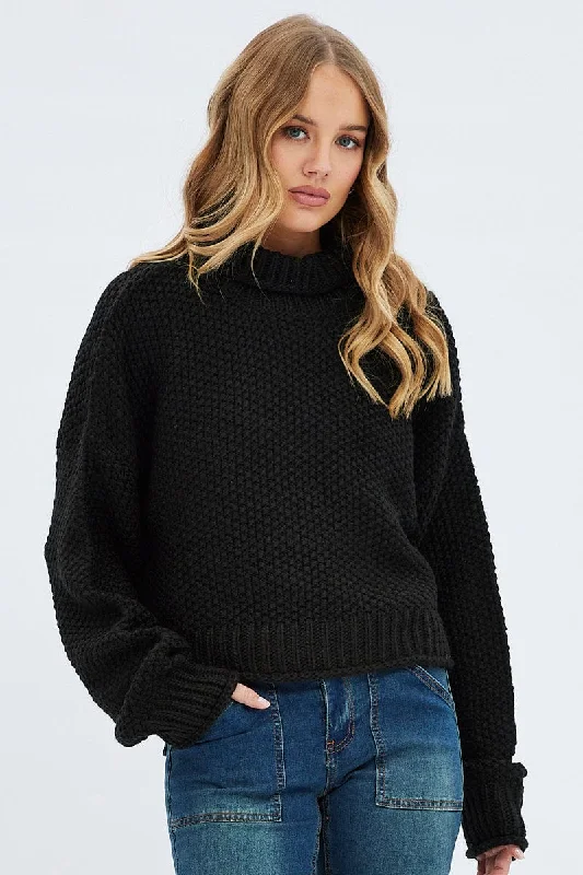 Black Knit Jumper Turtle Neck Cable Knit Ribbed Knit Lace Knit