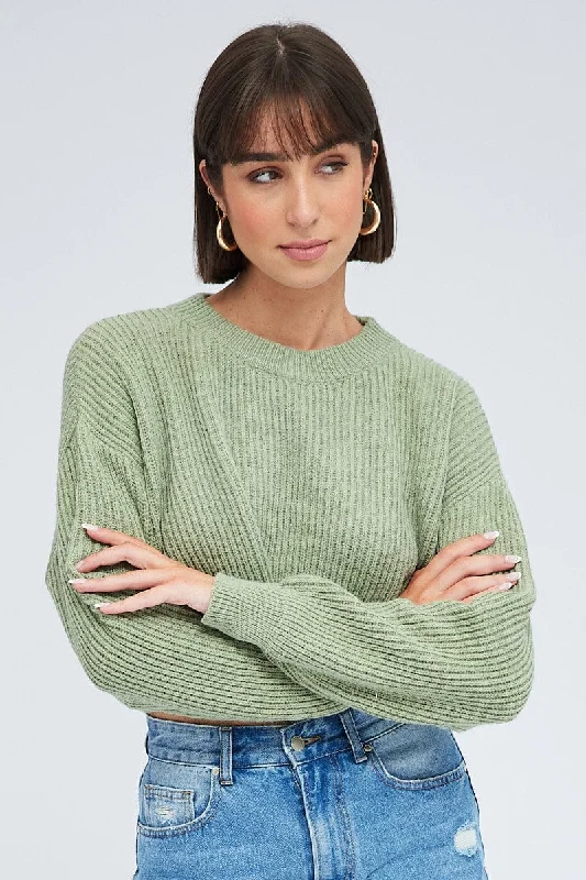 Green Knit Jumper Round Neck Long Sleeve Crop Turtle Neck Boat Neck Asymmetrical Neck