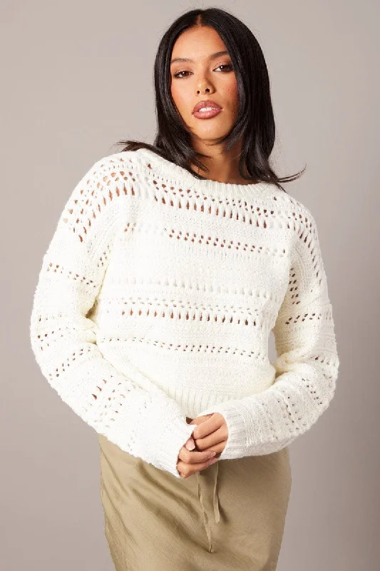 White Crochet Jumper Long Sleeve Crew Neck Print Jacquard Patchwork