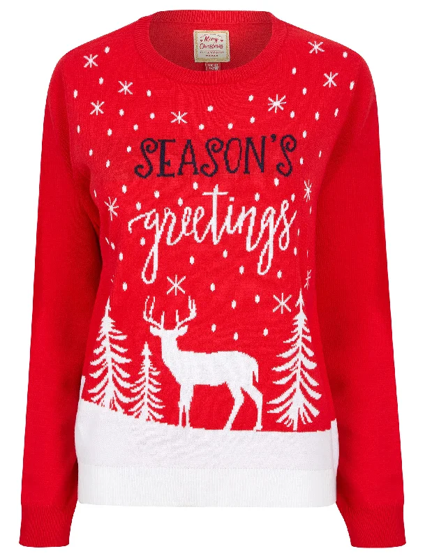 Women's Greetings Stag Motif Novelty Christmas Jumper in Tokyo Red - Merry Christmas Iron Safe Non-Iron Wrinkle Free Women's Greetings Stag Motif Novelty Christmas Jumper in Tokyo Red - Merry Christmas Iron Safe Non-Iron Wrinkle Free