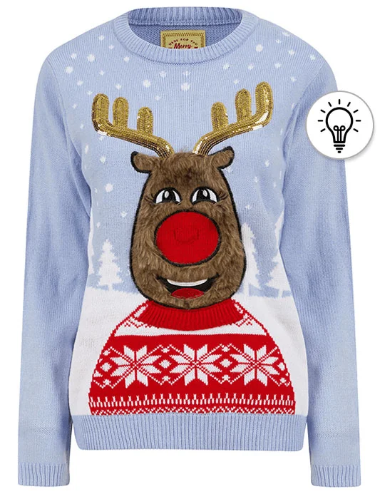 Women's Happy Vixen Motif LED Light Up Novelty Christmas Jumper in Powder Blue - Merry Christmas Embroidered Appliqued Beaded Women's Happy Vixen Motif LED Light Up Novelty Christmas Jumper in Powder Blue - Merry Christmas Embroidered Appliqued Beaded