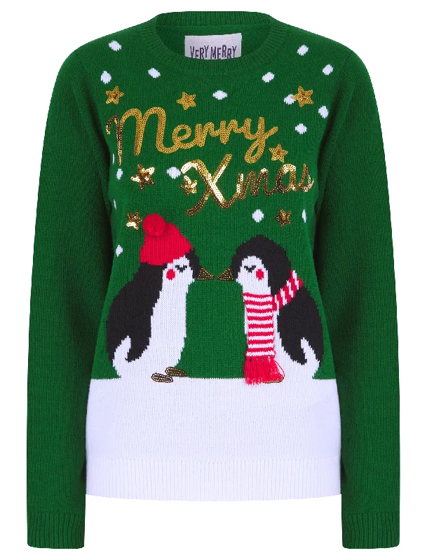 Women's Kissing Penguin Sequin Novelty Knitted Christmas Jumper in Christmas Green - Merry Christmas Turtle Neck Boat Neck Asymmetrical Neck Women's Kissing Penguin Sequin Novelty Knitted Christmas Jumper in Christmas Green - Merry Christmas Turtle Neck Boat Neck Asymmetrical Neck