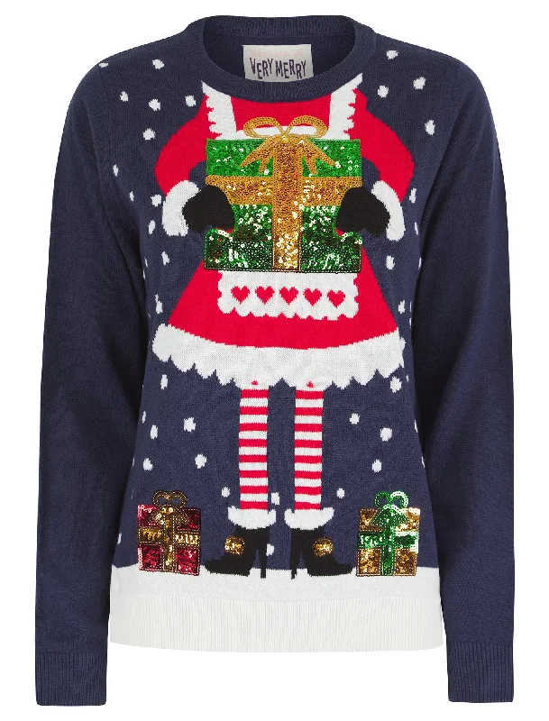 Women’s Mrs Kringle Motif Novelty Sequinned Christmas Jumper in Eclipse Navy - Merry Christmas Solid Print Embellished