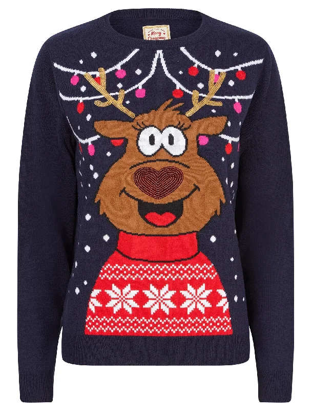 Women's Party Reindeer Sequin Novelty Christmas Jumper in Ink - Merry Christmas Neon Metallic Matte Women's Party Reindeer Sequin Novelty Christmas Jumper in Ink - Merry Christmas Neon Metallic Matte