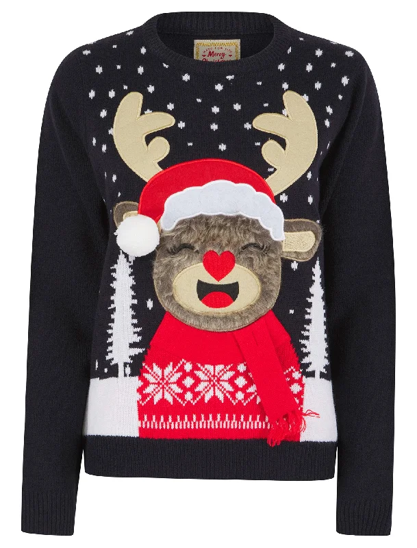 Women’s Rudolph Laughing Motif Novelty Christmas Jumper in Ink - Merry Christmas Wool Sweater Cotton Sweater Cashmere Sweater Women’s Rudolph Laughing Motif Novelty Christmas Jumper in Ink - Merry Christmas Wool Sweater Cotton Sweater Cashmere Sweater