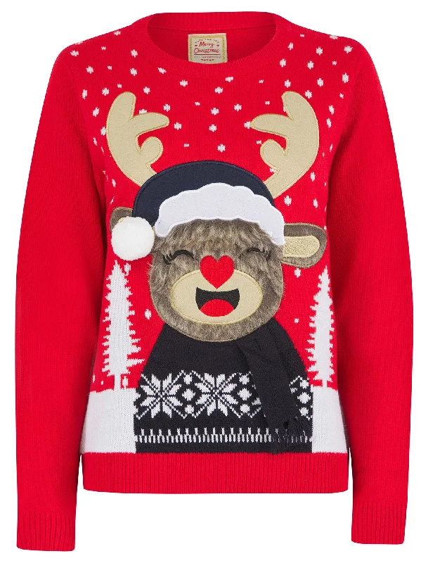 Women’s Rudolph Laughing Motif Novelty Christmas Jumper in Tokyo Red - Merry Christmas Houndstooth Herringbone Solid Women’s Rudolph Laughing Motif Novelty Christmas Jumper in Tokyo Red - Merry Christmas Houndstooth Herringbone Solid