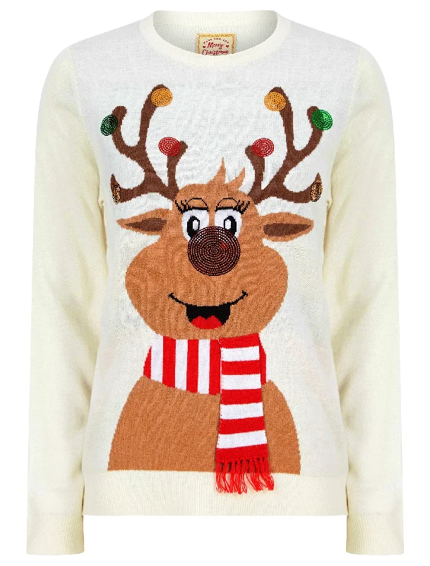Women's Sequin Reindeer Sequin Novelty Christmas Jumper in Gardenia - Merry Christmas Thin Thick Dense Women's Sequin Reindeer Sequin Novelty Christmas Jumper in Gardenia - Merry Christmas Thin Thick Dense