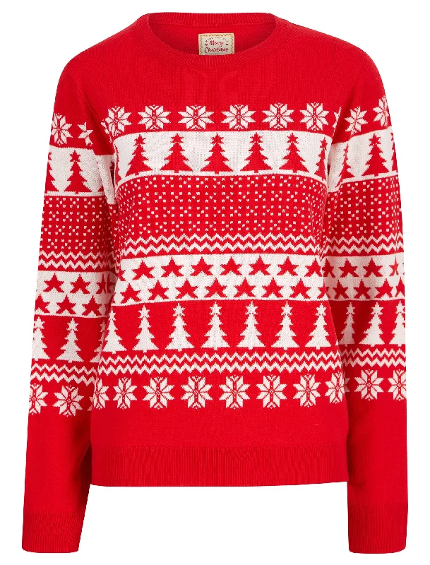 Women's Xmas Tree Jacquard Nordic Fairisle Novelty Christmas Jumper in Tokyo Red - Merry Christmas Beaded Sweater Sequined Faux Fur Women's Xmas Tree Jacquard Nordic Fairisle Novelty Christmas Jumper in Tokyo Red - Merry Christmas Beaded Sweater Sequined Faux Fur