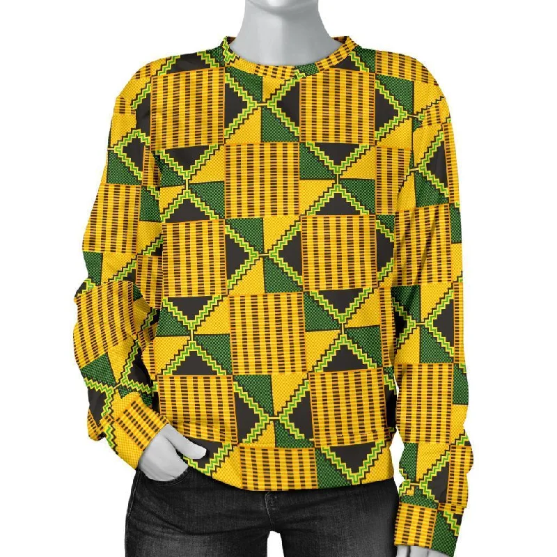 African Kente Print Pattern Women's Sweatshirt Hoodie with Raw Hem Edgy Unfinished