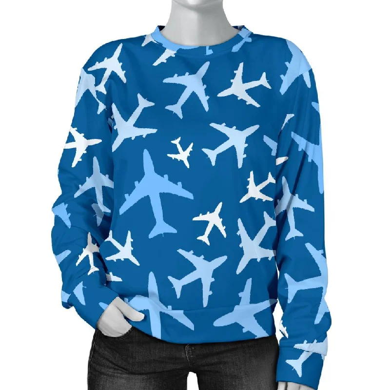 Airplane Pattern Print Women's Sweatshirt Hoodie with Drawcord Adjustable Secure