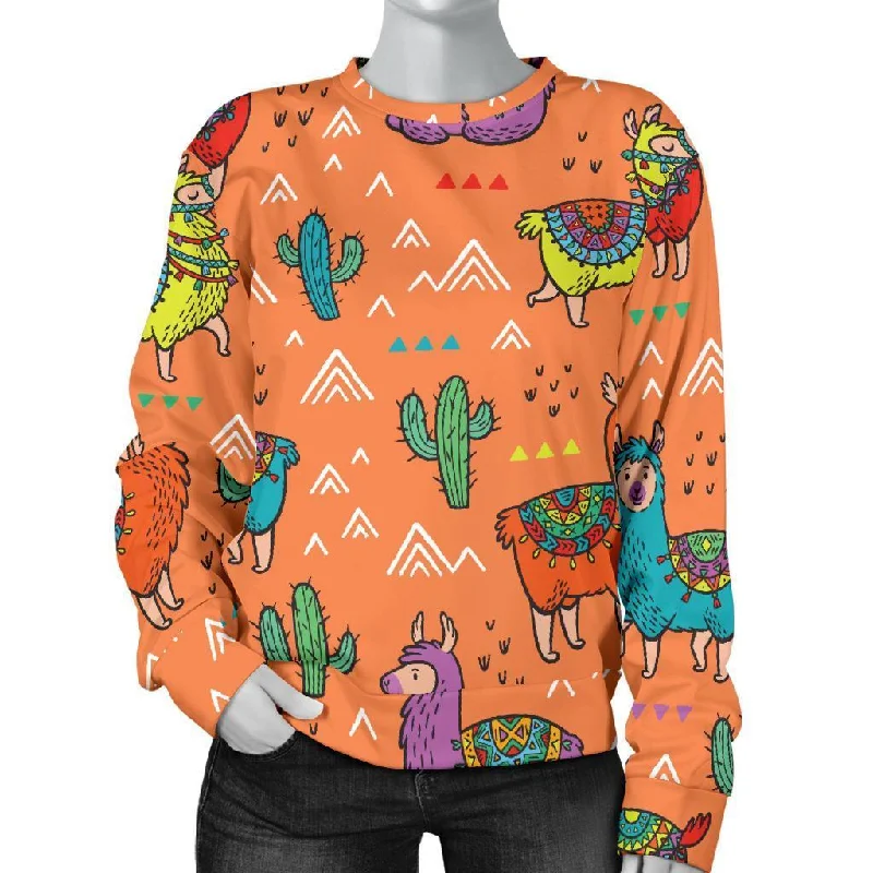 Alpaca Cactus Pattern Print Women's Sweatshirt Hoodie with Crew Neck Simple Timeless