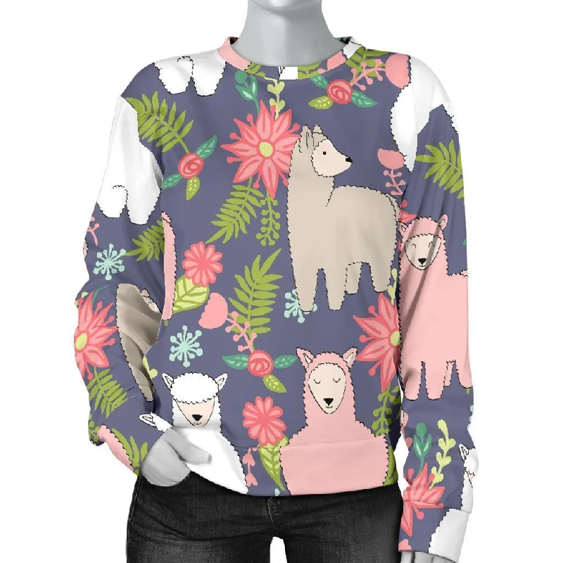 Alpaca Floral Pattern Print Women's Sweatshirt Hoodie Jacket Zipper Layering