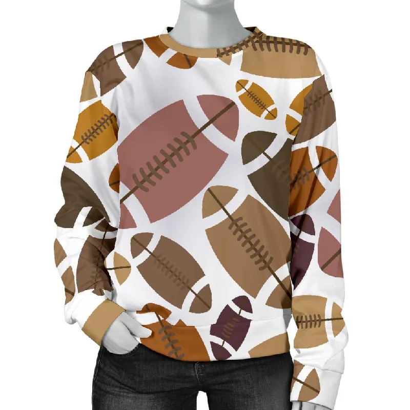 American Football Rugby Ball Pattern Print Women's Sweatshirt Hoodie with Hem Embroidery Detailed Premium
