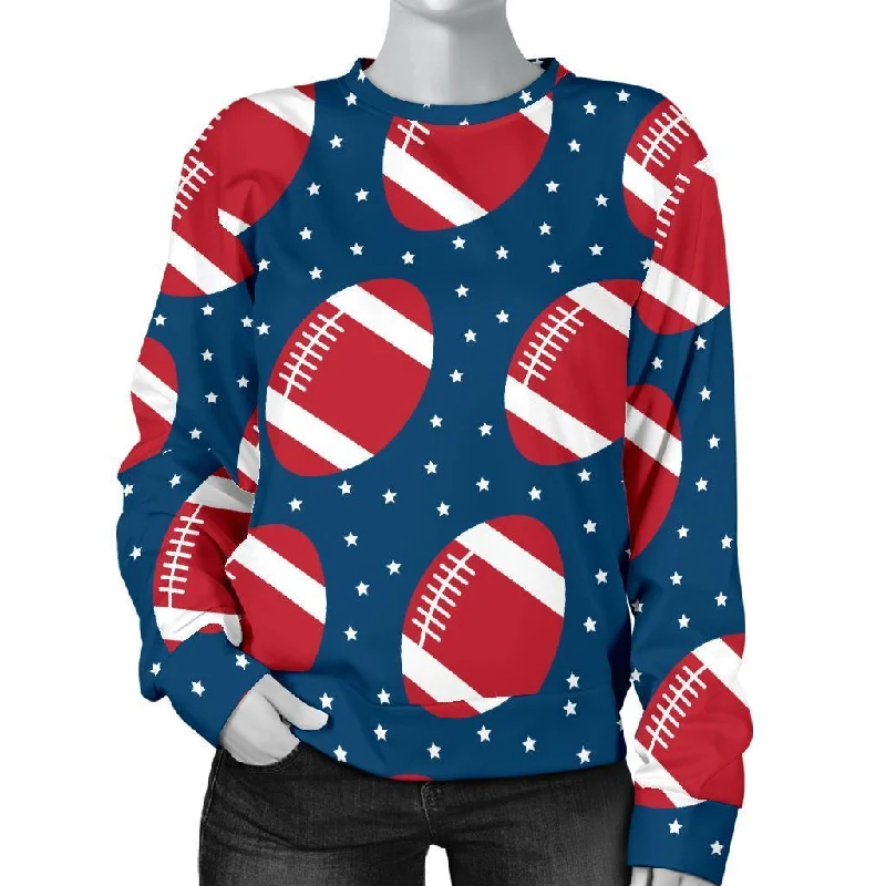 American Football Rugby Ball Print Pattern Women's Sweatshirt Hoodie with Side Slits Relaxed Casual