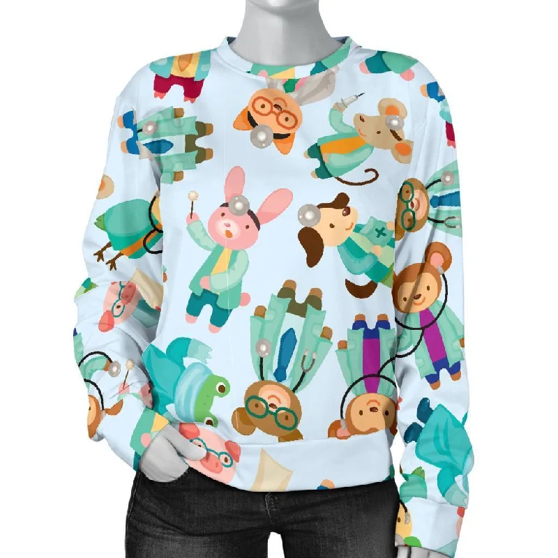 Animal Nurse Pattern Print Women's Sweatshirt Hoodie with Drawcord Adjustable Secure