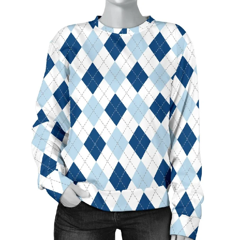 Argyle Blue Pattern Print Women's Sweatshirt Hoodie with Patch Decorative Personalized