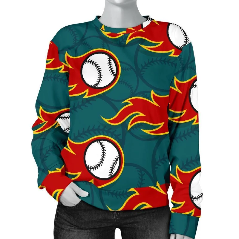 Baseball Fire Pattern Print Women's Sweatshirt Zip Hoodie Drawstring Kangaroo Pocket