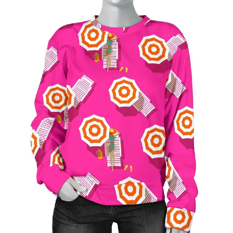 Beach Pink Pattern Print Women's Sweatshirt Hoodie with Sequins Glamorous Eye-catching