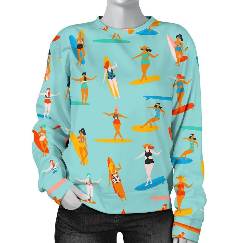 Beach Surfing Pattern Print Women's Sweatshirt Hoodie with Set-In Sleeves Structured Classic