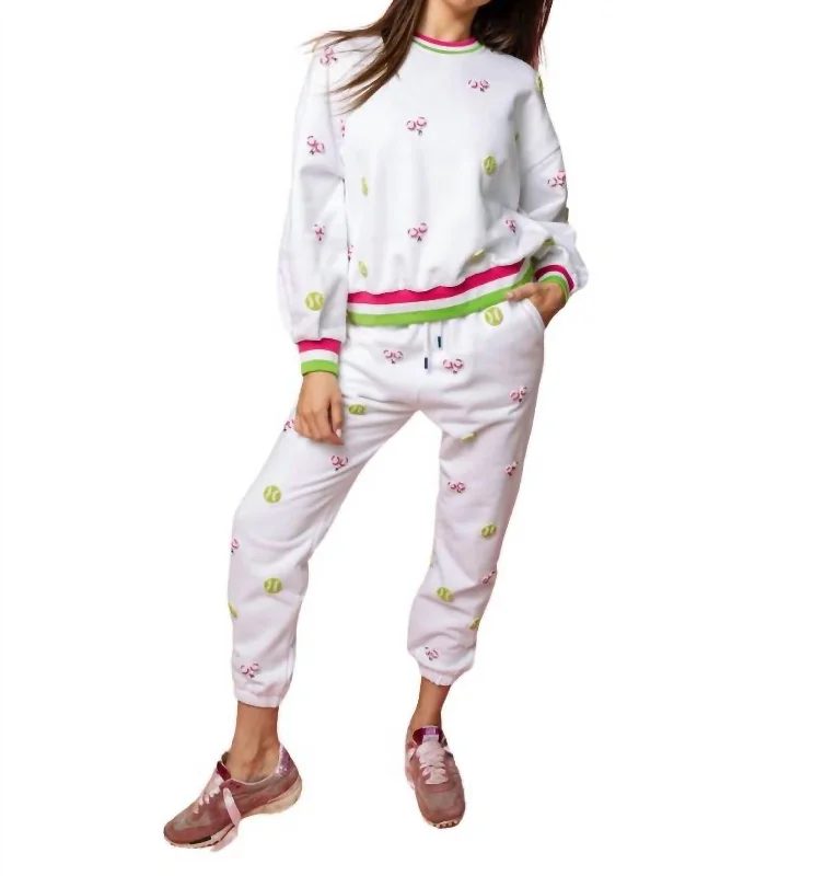 Beaded Tennis Sweatshirt In White Hoodie with Thumb Holes Functional Cozy
