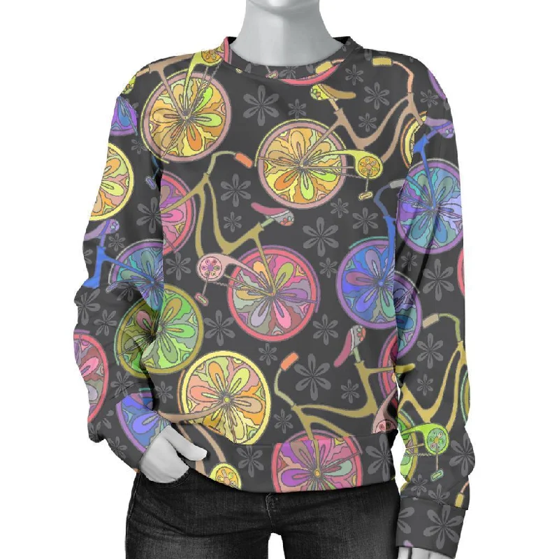Bicycle Floral Pattern Print Women's Sweatshirt Hoodie with Hem Embroidery Detailed Premium
