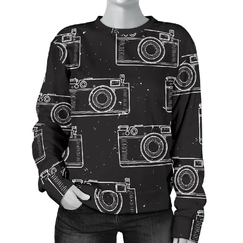 Black Camera Print Pattern Women's Sweatshirt Hoodie with Emblem Brand Identity