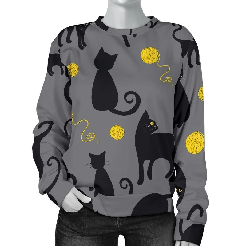 Black Cat Knit Pattern Print Women's Sweatshirt Hoodie with Drawcord Adjustable Secure