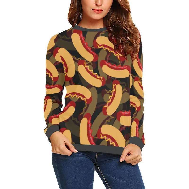 Black Hot Dog Pattern Print Women's Sweatshirt Hoodie with Hem Embroidery Detailed Premium Black Hot Dog Pattern Print Women's Sweatshirt Hoodie with Hem Embroidery Detailed Premium