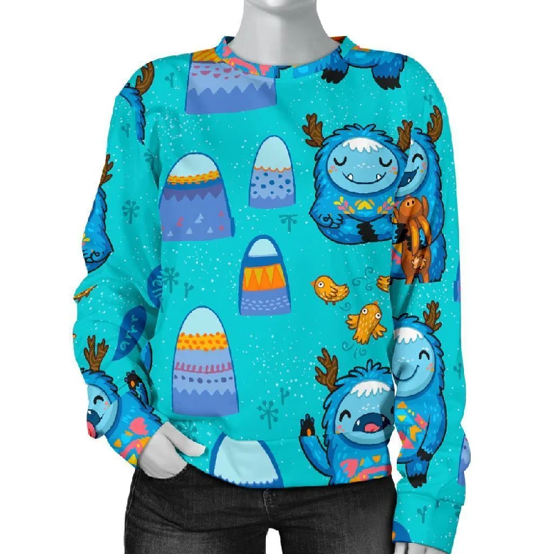 Blue Bigfoot Pattern Print Women's Sweatshirt Hoodie with Hem Applique Textured Unique