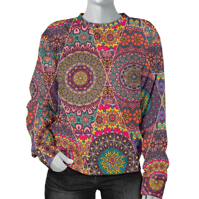 Bohemian Patchwork Pattern Print Women's Sweatshirt Hoodie with Ribbed Hem Stretchable Secure