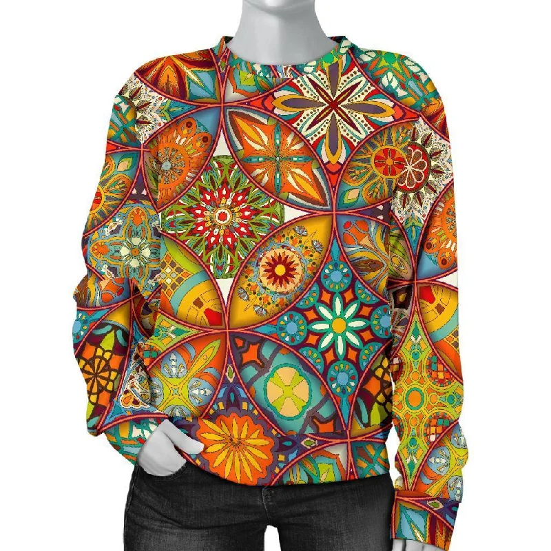 Bohemian Patchwork Print Pattern Women's Sweatshirt Hoodie with Belted Waist Structured Tailored