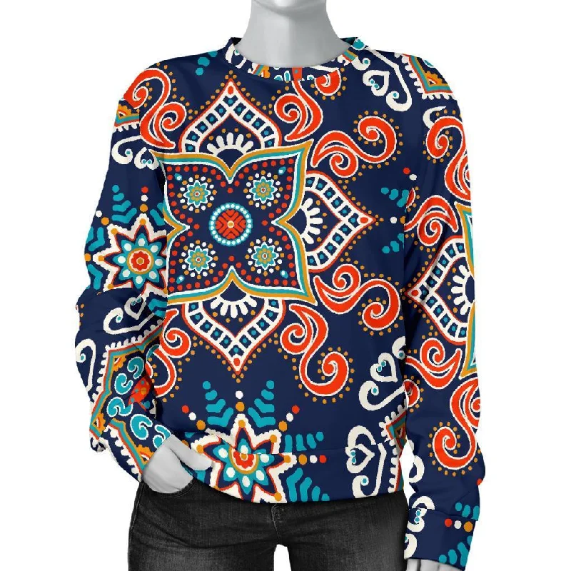 Bohemian Pattern Print Women's Sweatshirt Hoodie with Side Slits Relaxed Casual