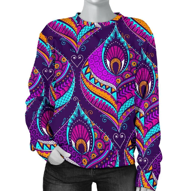 Bohemian Purple Pattern Print Women's Sweatshirt Hoodie with Hem Ribbing Snug Secure