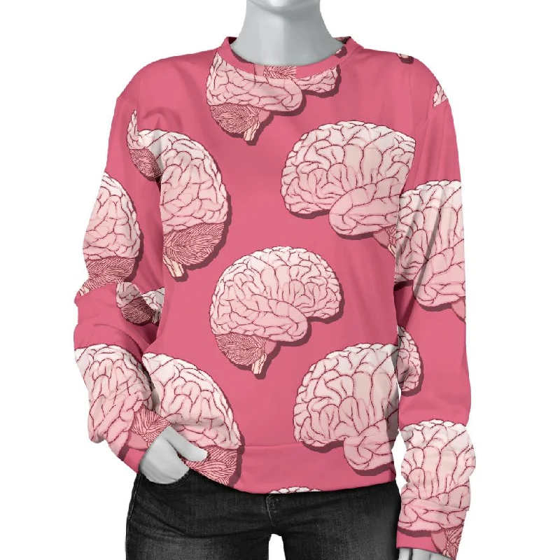 Brain Pink Pattern Print Women's Sweatshirt Hoodie with Frayed Bohemian Relaxed
