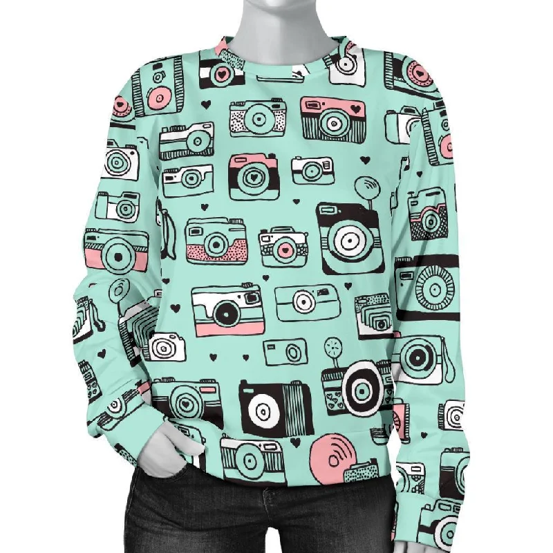 Camera Pastel Pattern Print Women's Sweatshirt Hoodie with Hem Ribbing Snug Secure